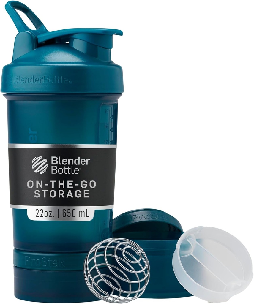 BlenderBottle Shaker Flaske med pilleorganizer og opbevaring til protein pulver, Classic V2 ProStak System, 22-Ounce, Ocean Blue
