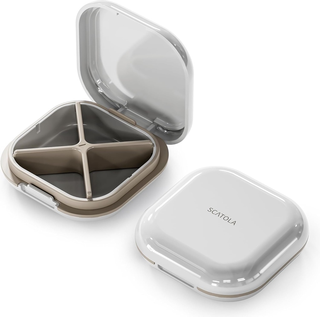 Lille pillekasse, rejsepilleboks, transportabel pilleorganizer, pillebeholder til lomme 4 kompartmenter, Daily Compact Travel Medicine Holder for Vitamin Medicin (Light Grey)