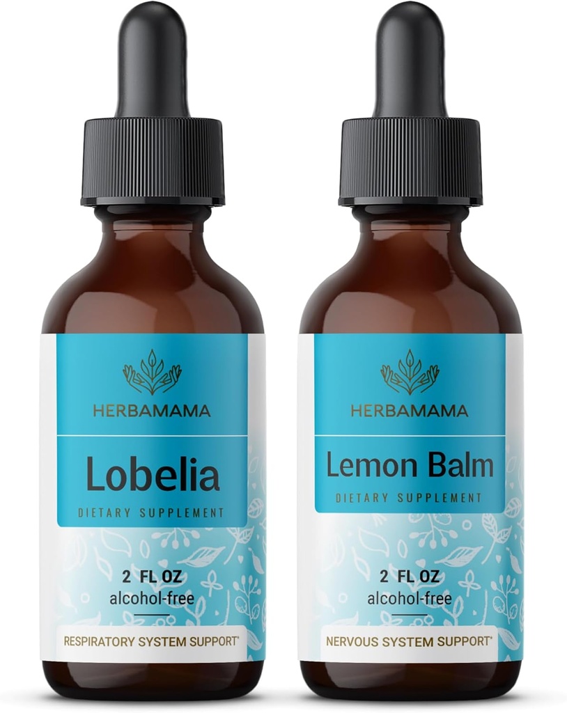 HERBAMAMA Herbal Liquid Drops Kit - Bundle of Lobelia Extract og Lemon Balm Tincture 2 fl oz - Vegan, Non- GMO, Sugar & Alcohol- Free - 2 Pack