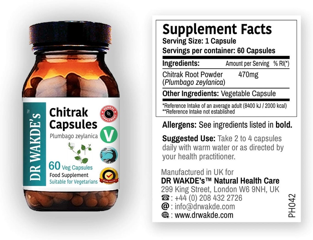 DR WAKDE'S Chitrak Capsules (Plumbago zeylanica, 60 Veg Caps, Plant-Based Supplement, Ayurvedic Herb, All Natural, Vegan)