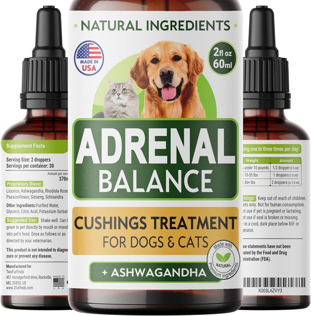 Аdrеnаl Balance for hunde og katte - Cushings Behandling for kæledyr, Аdrеnаl Support w / Ashwagandha, Licorice Root, Rhodiola Rosea - Bedste Cushings Behandling for hunde - 2oz Harmony Herbal Drops