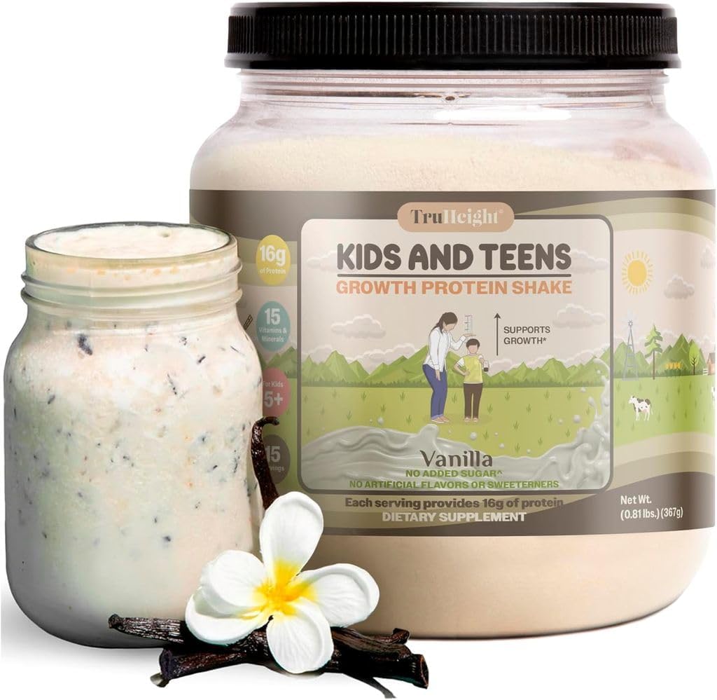 Truhigh Growth Protein Shake (Vanilla Ice Flavor, Whey) Growth & Development Protein Powder for Kids & Teens - Vægt Gain Drinks - Udtalelse af Pediatricians, Picky Eater Vitamin, alder 4 +