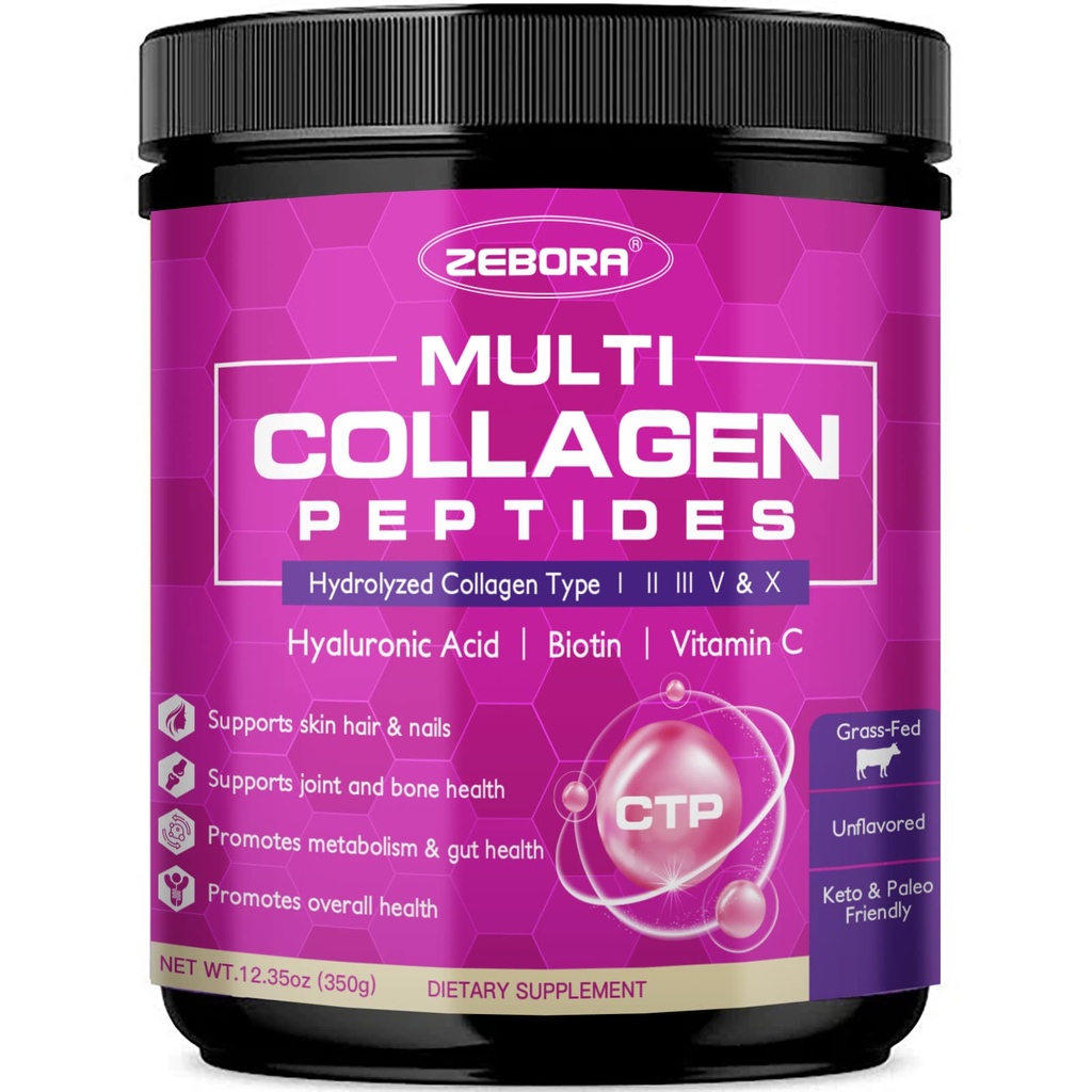 ZEBORA Multi Collagen Peptider Pulver - Hydrolyzed Collagen type I II III V X med Hyaluronsyre, Biotin, C-vitamin - Support Skin Hair Nail Joints, Non- GMO, Unflavored, Keto Friendly