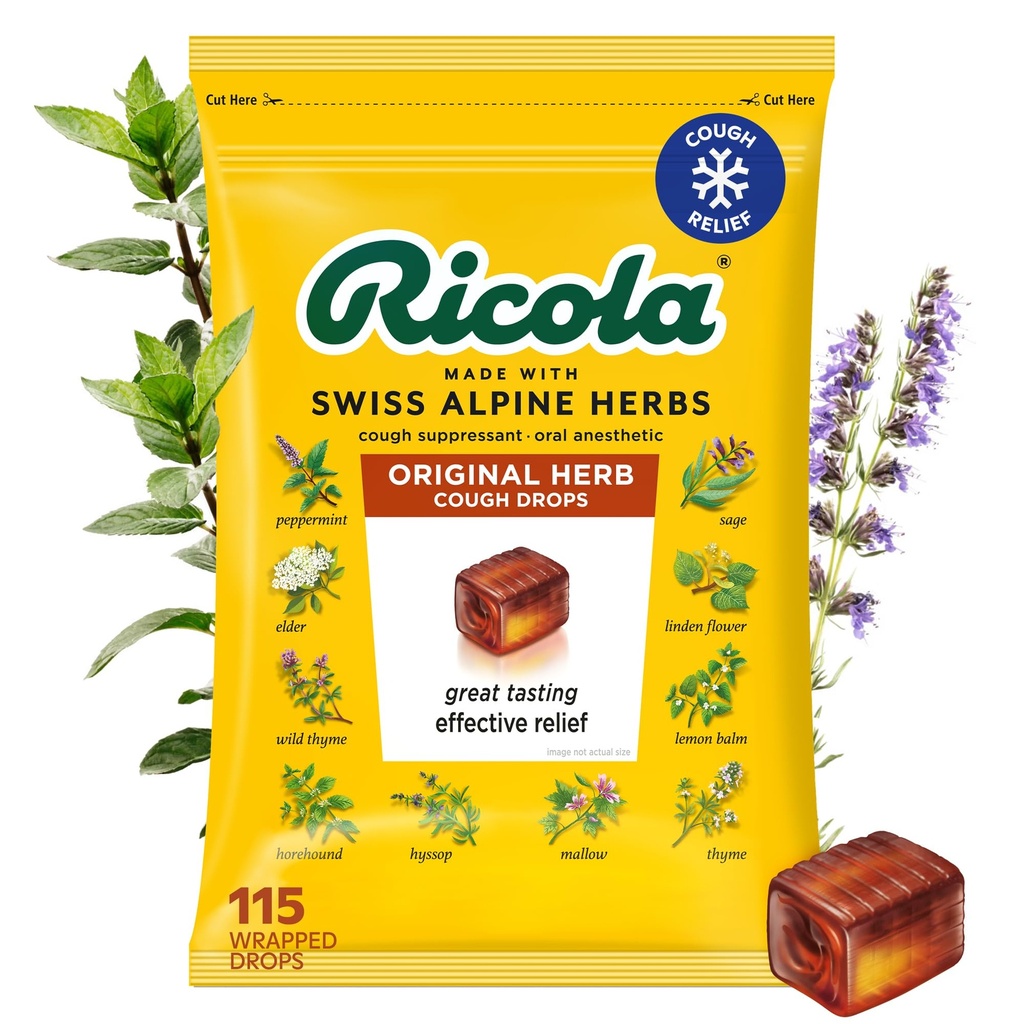 Ricola Original Herb Hoste Drops, 115 Greve, Hoste suppressant & Halsen Leasing Drops med naturligt sourced menthol, Glæder Herbal Smag til hoste & Hals Irritation Symptomer Relief