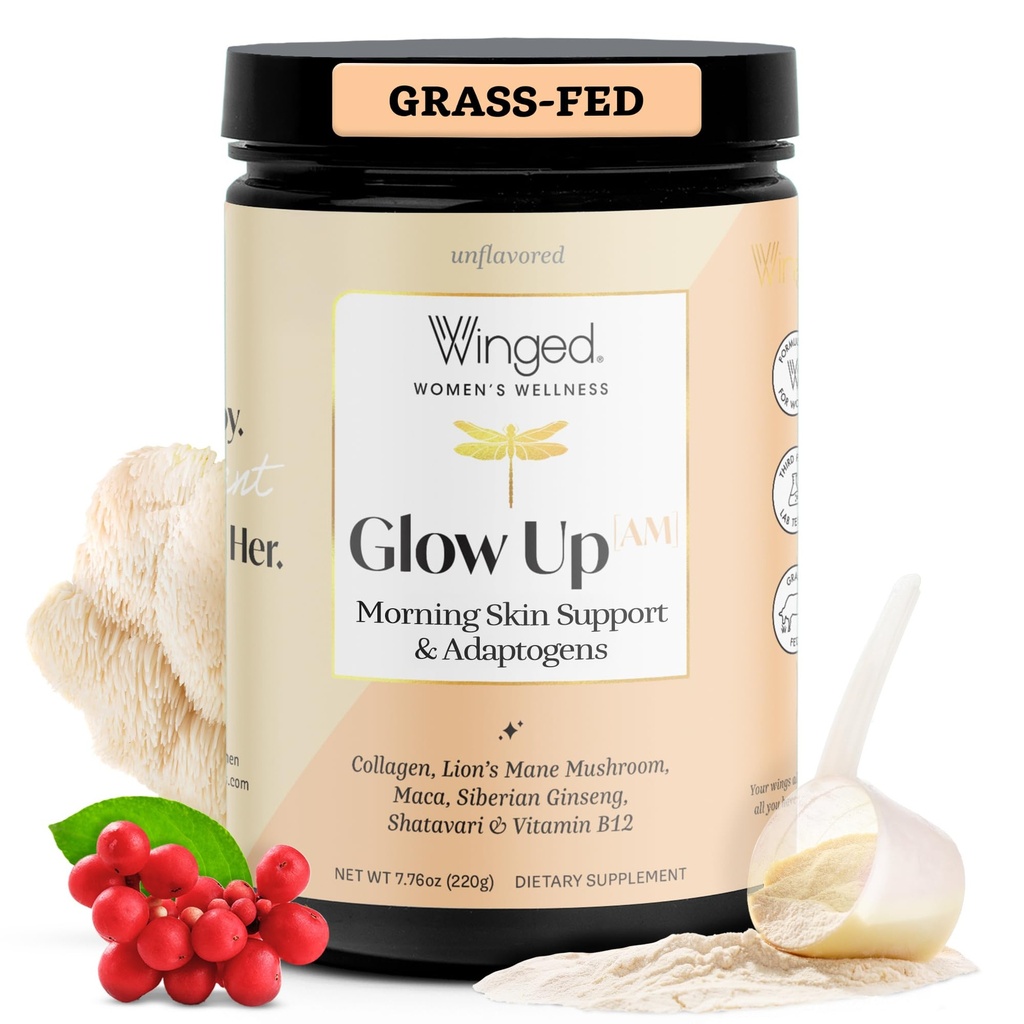 Winged Wellness Glow Up AM, Collagen Powder for Women - Morning Beauty Supplement for Glowing Skin with Grass-Fed Hydrolyzed Collagen Peptides, Lion's Mane & Shatavari - 21 Servings, Unflavored