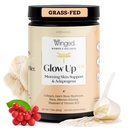Vinged Wellness Glow Up AM, Collagen pulver til kvinder - Morgen skønhed supplement til glødende hud med grassefed hydrolyseret collagen peptider, Lions Mane & Maca Root - 21 Serveringer, Unflavored
