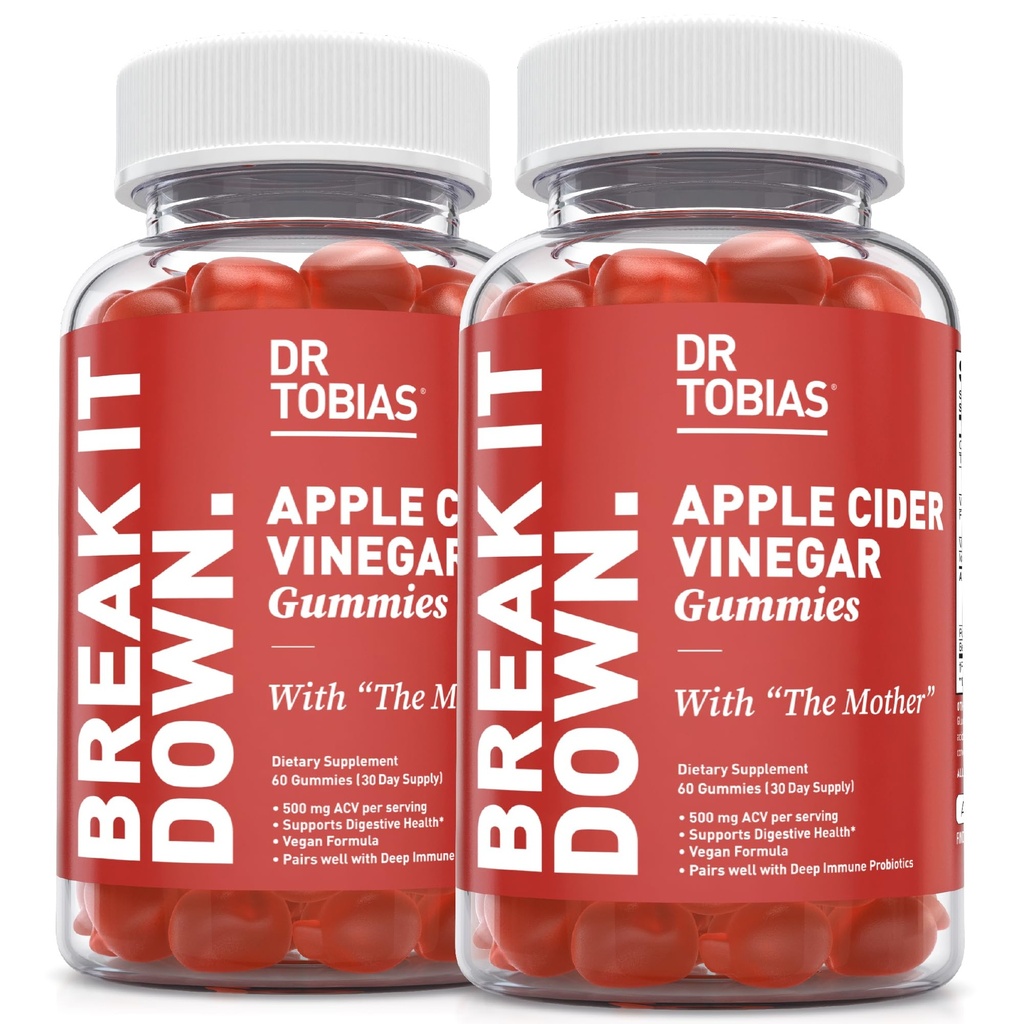 Dr. Tobias Apple Cider Vinarea Gummies med moderen, 500mg ACV per servering, Plus Folate, B6, B12 & Jod, Understøtter fordøjelsessygdomme, Gut Cleanse & Detox, Vegan, 120 Gummies