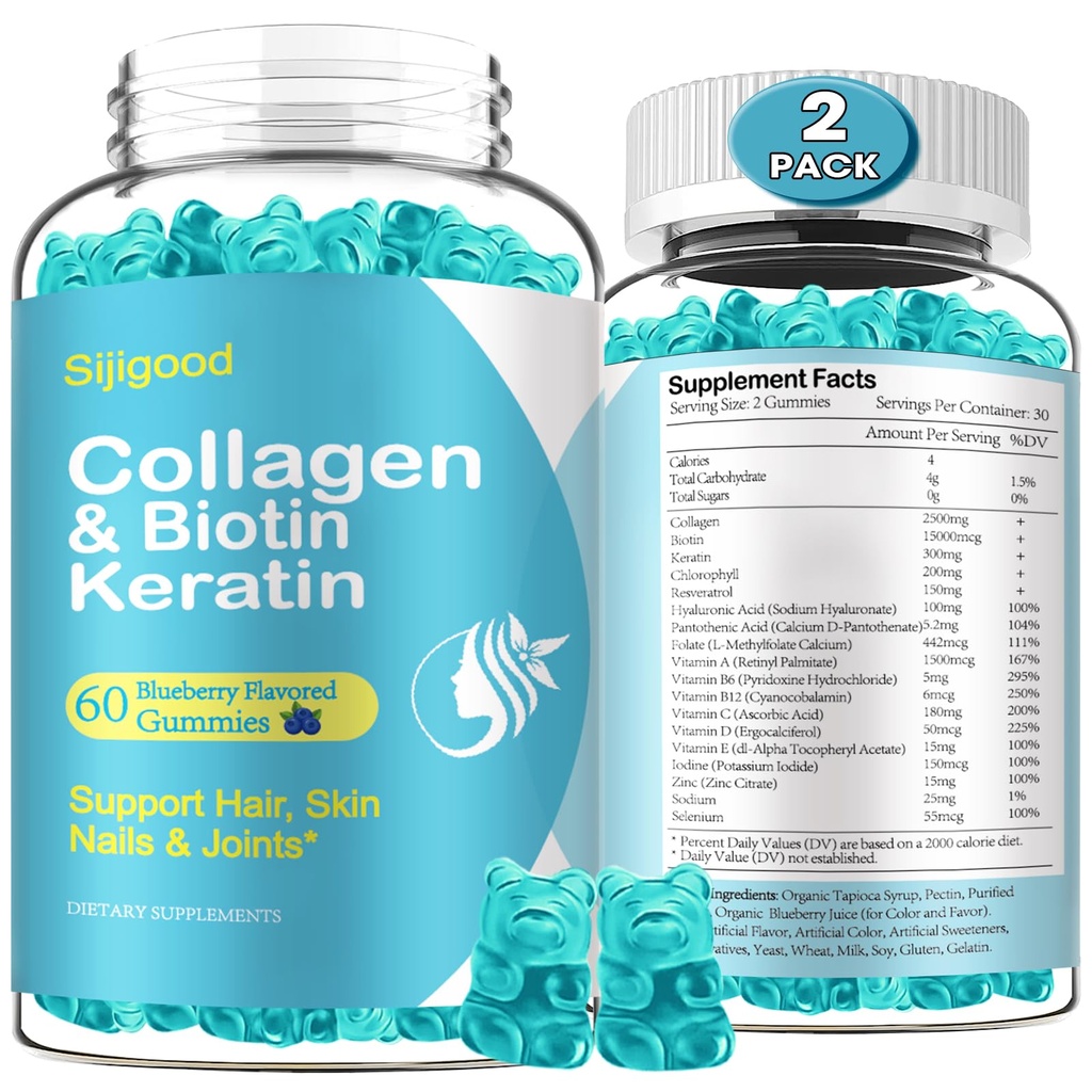 2 Pack Biotin Gummies med Collagen, Keratin, Hyaluronsyre, Vitamin til hud, hårvækst, Nails, Kvinder Mænd Voksne Børn - Blåbærsmag, 120 Gummies