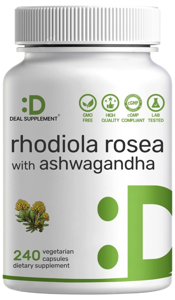 DEAL SUPPLEMENT Rhodiola Rosea med Ashwagandha, 240 Veggie Capsules - Max Strength 10: 1 Root Extract - Adaptogene Kosttilskud til afslapning, energi, & Brain Health * - Non-GMO