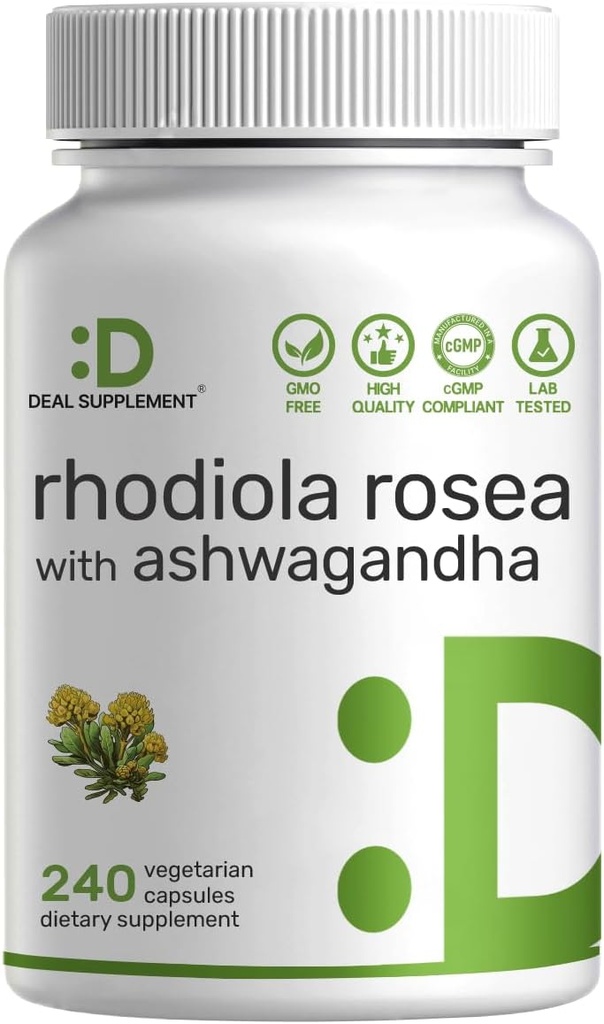 DEAL SUPPLEMENT Rhodiola Rosea med Ashwagandha, 240 Veggie Capsules - Max Strength 10: 1 Root Extract - Adaptogene Kosttilskud til afslapning, energi, & Brain Health * - Non-GMO