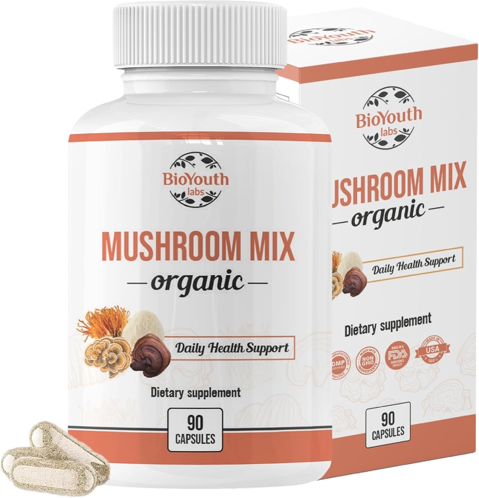 Organic Mixed Mushroom Capsules Natural Supplements 124; Cordyceps Sinensis, Reishi, Lion 's Mane, Tyrkiet Hale 124; immunforsvar, Vitality Boost, Non-GMO & Allergen- Free