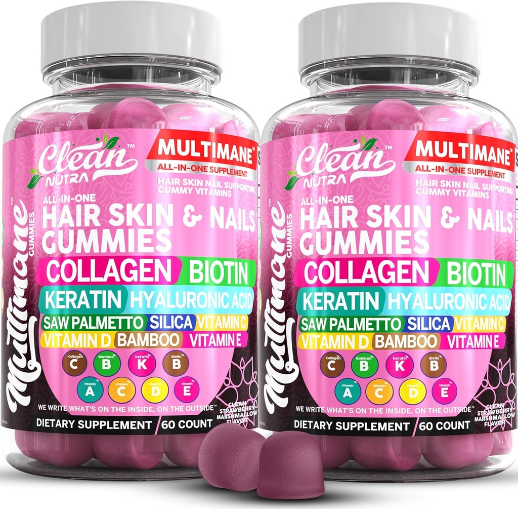 Multimane collagen gummier med biotin Keratin Hyaluronsyre Bambus Vitamin A C vitamin D Vitamin E Folat Saw Palmetto Silica B3 Vitaminer Hår Hud og negle Gummier af Clean Nutra