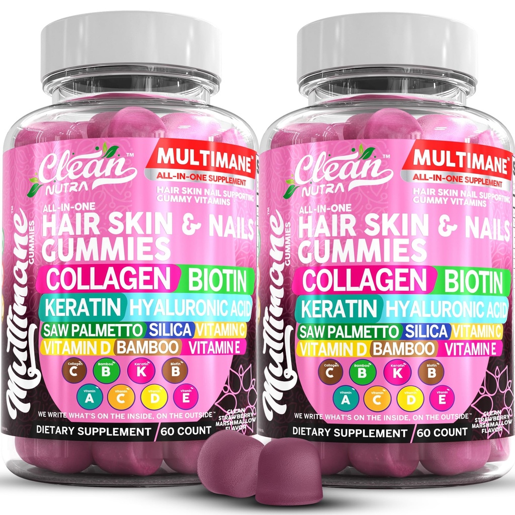 Multimane collagen gummier med biotin Keratin Hyaluronsyre Bambus Vitamin A C vitamin D Vitamin E Folat Saw Palmetto Silica B3 Vitaminer Hår Hud og negle Gummier af Clean Nutra