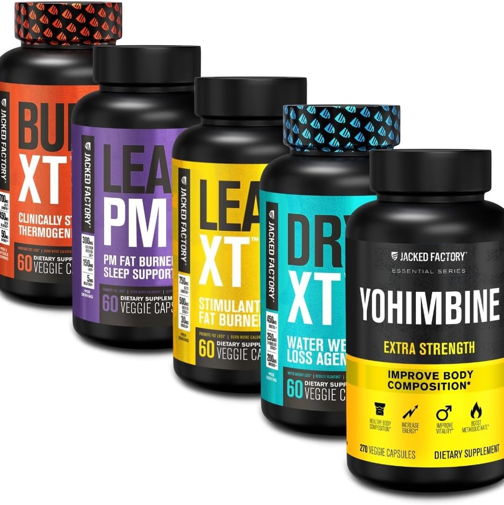Jacked Factory Thermogen Fat Burner Vægttab Supplement - Burn- XT Termogene og Lean PM Nighttime Vægttab Sleep Aid - Lean- XT Coffein- Free Fat Burner, Yohimbine Kapsler, Dry XT Diuretic