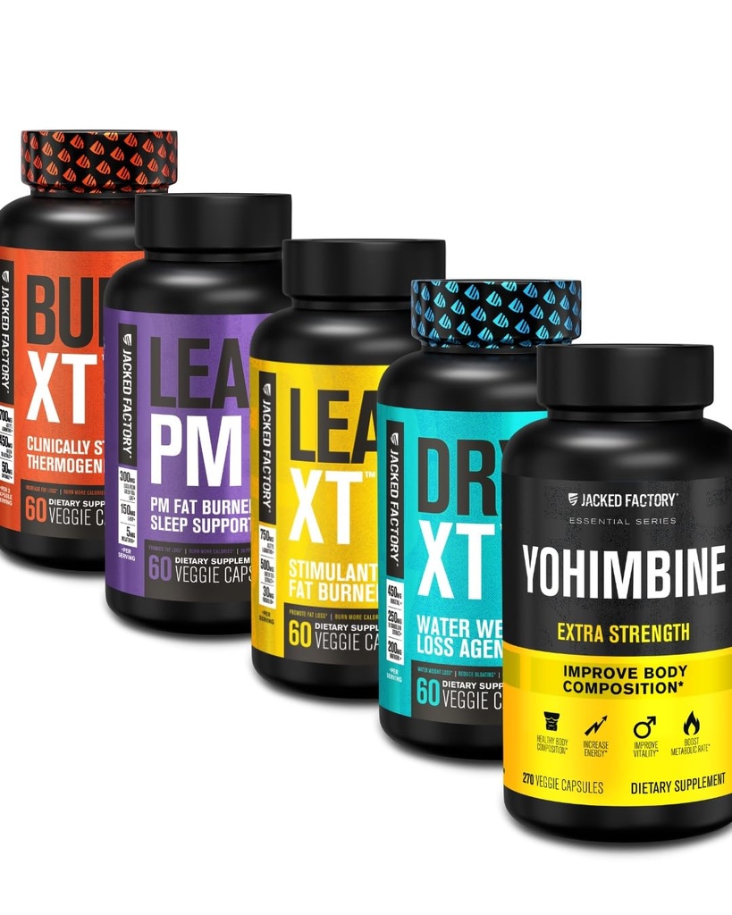 Jacked Factory Thermogen Fat Burner Vægttab Supplement - Burn- XT Termogene og Lean PM Nighttime Vægttab Sleep Aid - Lean- XT Coffein- Free Fat Burner, Yohimbine Kapsler, Dry XT Diuretic