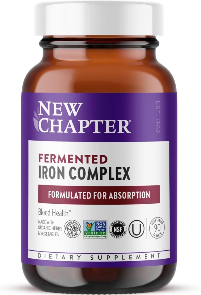Nyt kapitel Jern supplement, Whole- Mad Gæret Jern Complex Lavet med økologiske grøntsager & urter + en daglig non- Forstoppelse Dose - 90ct, 3 Måned Supply