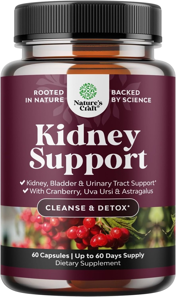 Advanced Kidney Support Supplement - Kidney Cleanse Detox & Repair Cranberry Extract Capsules with Uva Ursi, Stinging Nettle & Astragalus for Kidney health - Urinary Tract Health - 60 Caps