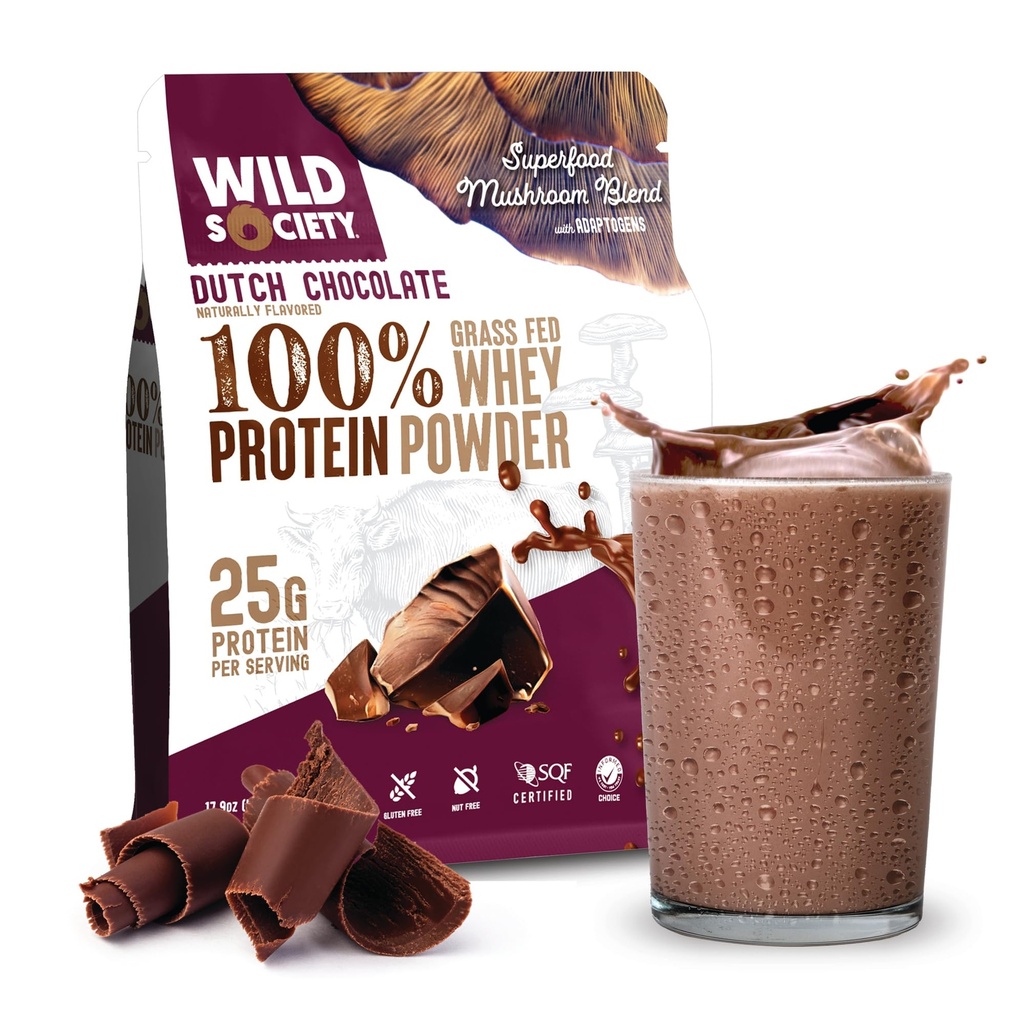 WILD SAMFUND - Premium 100% Grass Fed Whey Protein Powder + Superfood Mushrooms & Adaptogens - 25g Protein, Clean Protein Powder, 0 Tilføjet sukker, Ikke GMO, Gluten Free - Hollandsk chokolade - 17,9 oz