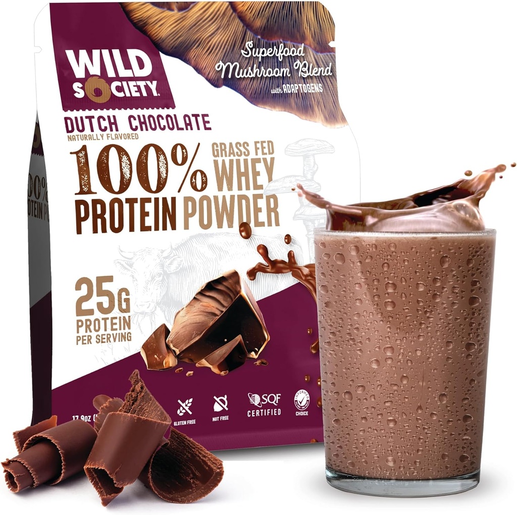 WILD SAMFUND - Premium 100% Grass Fed Whey Protein Powder + Superfood Mushrooms & Adaptogens - 25g Protein, Clean Protein Powder, 0 Tilføjet sukker, Ikke GMO, Gluten Free - Hollandsk chokolade - 17,9 oz