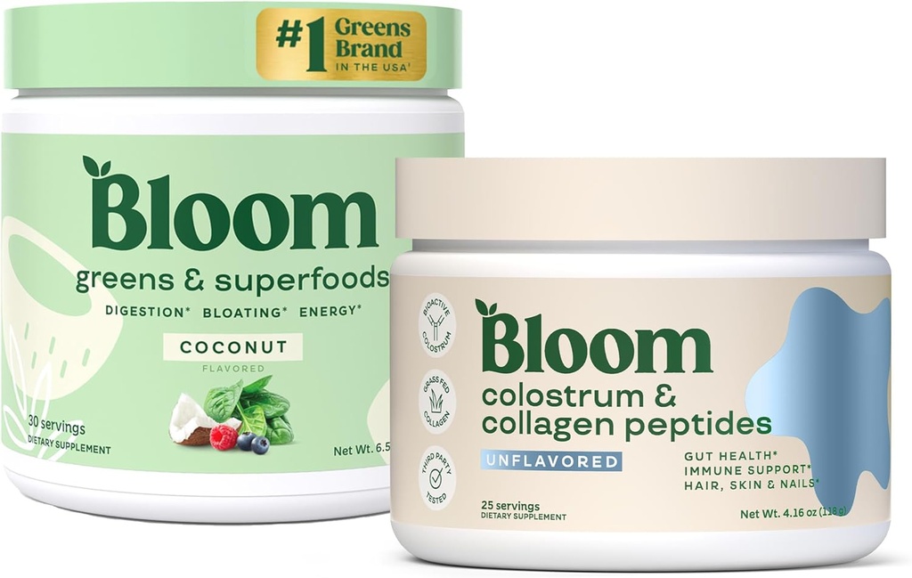 Bloom Nutrition Superfood Green Powder, fordøjelsesenzymer med Probiotika og Prebiotika, Gut Health, Bloating Relief, Kokosolie + Bovine Colostrum Powder Medic124; Pure 40% IgG Premium Colostrum