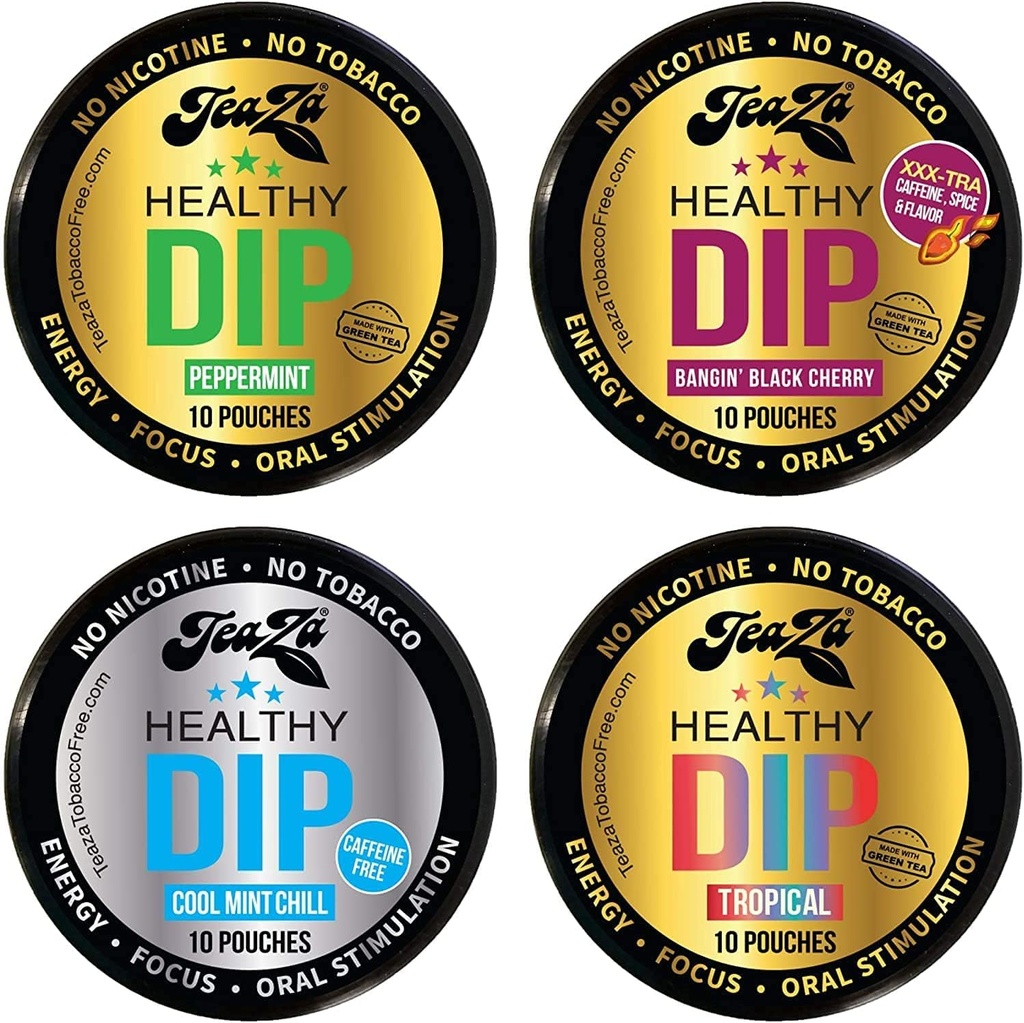 NEW Teaza Herbal Energy Pouch blandet (4 pack) Peppermint- Tropical- Cool Mint Chill- Banging Black Cherry