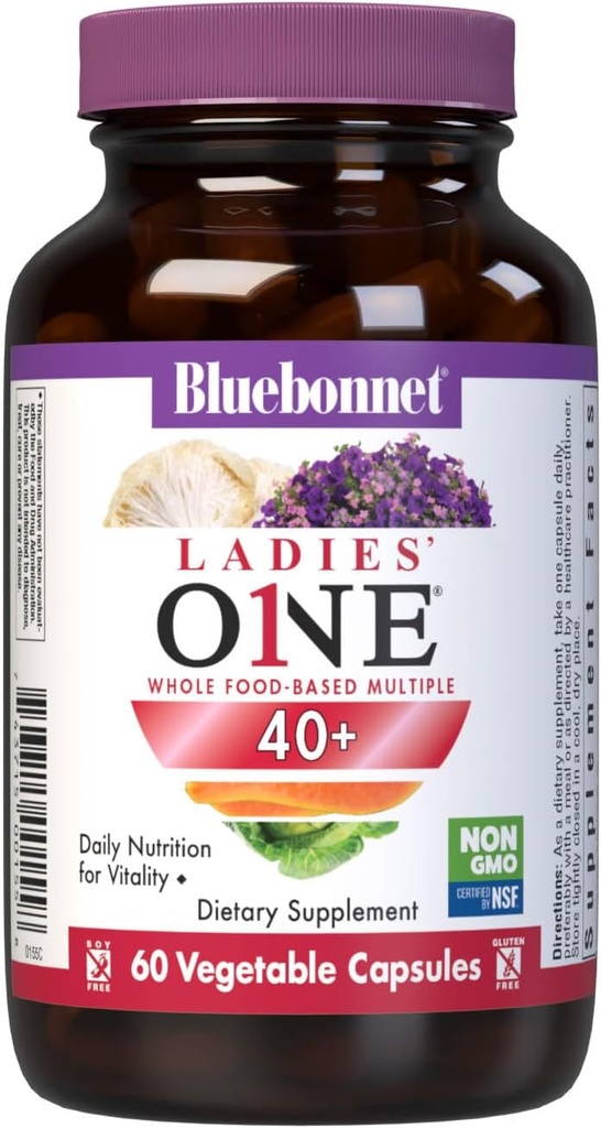 Bluebonnet Nutrition Ladies 'ONE 40 + Whole Food- Bed Multiple, Women Multivitamin for Women 40 +, Soy- Free, Non- GMO, Gluten Free, 60 Vegetabilske kapsler, 60 Servering