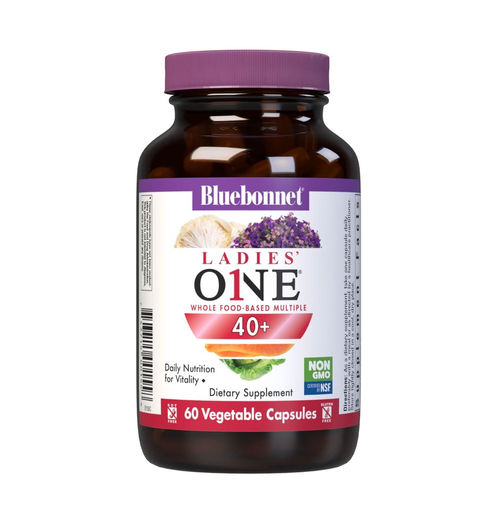 Bluebonnet Nutrition Ladies 'ONE 40 + Whole Food- Bed Multiple, Women Multivitamin for Women 40 +, Soy- Free, Non- GMO, Gluten Free, 60 Vegetabilske kapsler, 60 Servering