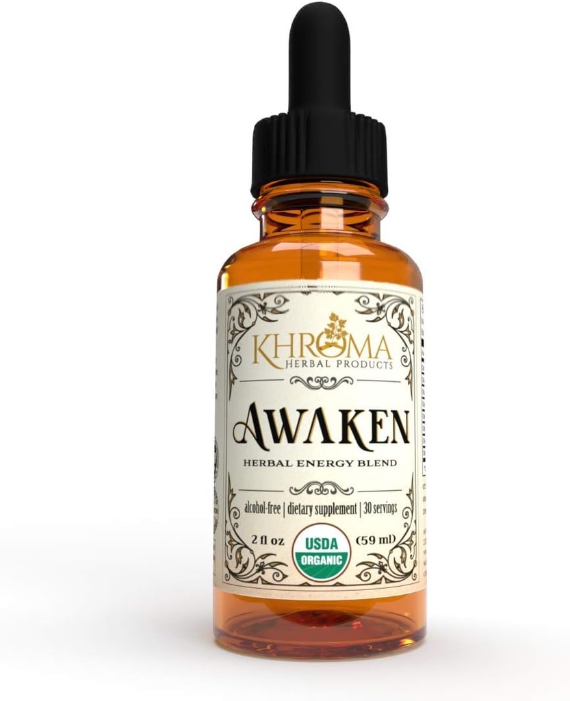 Awaken - Organic Energy Supplement - 2 oz Flydende i en glasflaske - Yerba Mate, Eleuthro Root, Rød Ginseng, Pebermynte, Ginkgo Blob, Ashwaganhda, Guayusa - af Khroma Herbs