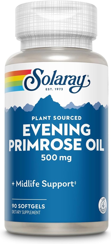 SOLARAY High Potency Aften Primrose Oil 500mg - Middle Life Support - Kilde til Gamma Linolensyre og linolsyre - Ingen solvens, koldpresset - 90 Servering, 90 Softgels