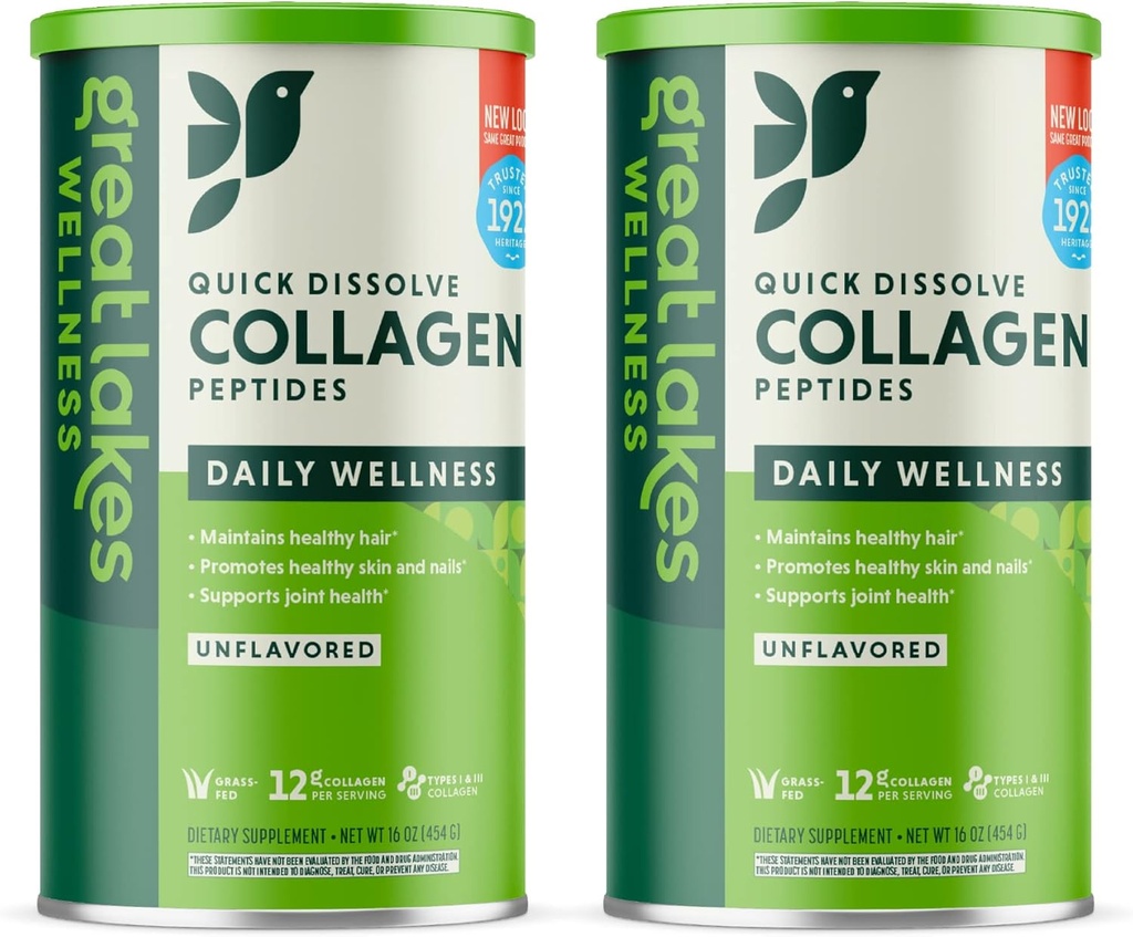 Great Lakes Wellness Collagen Peptides Powder for Skin, Hair, Nails, Joints & Digestion - Unflavored - Quick Dissolve Hydrolyzed, Non-GMO, Keto, Kosher - 16 oz - 2 Pack - Packaging May Vary