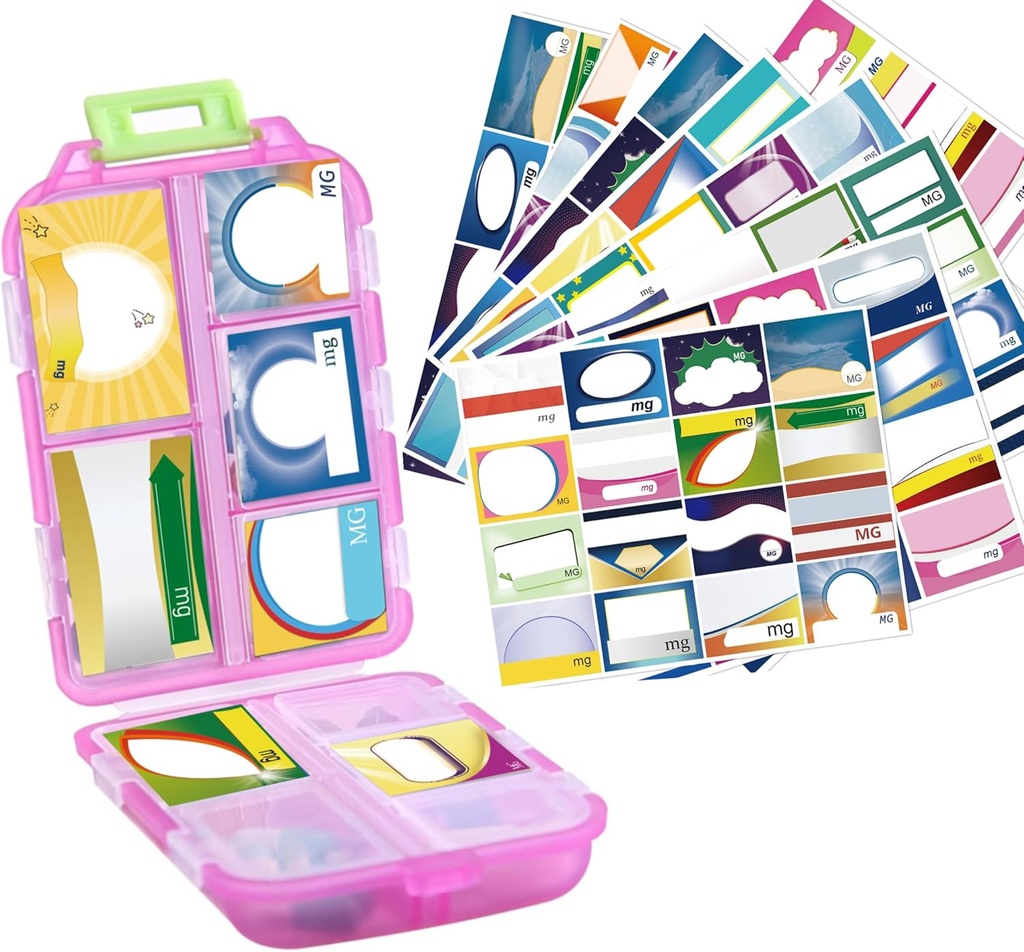 1Pack Travel Pill Organizer - 10 afdelinger Pill Case, Kompakt og transportabel Pill Box, Perfekt til On- The- Go Storage, Pill Holder til purse (Pink med 156 stickers)