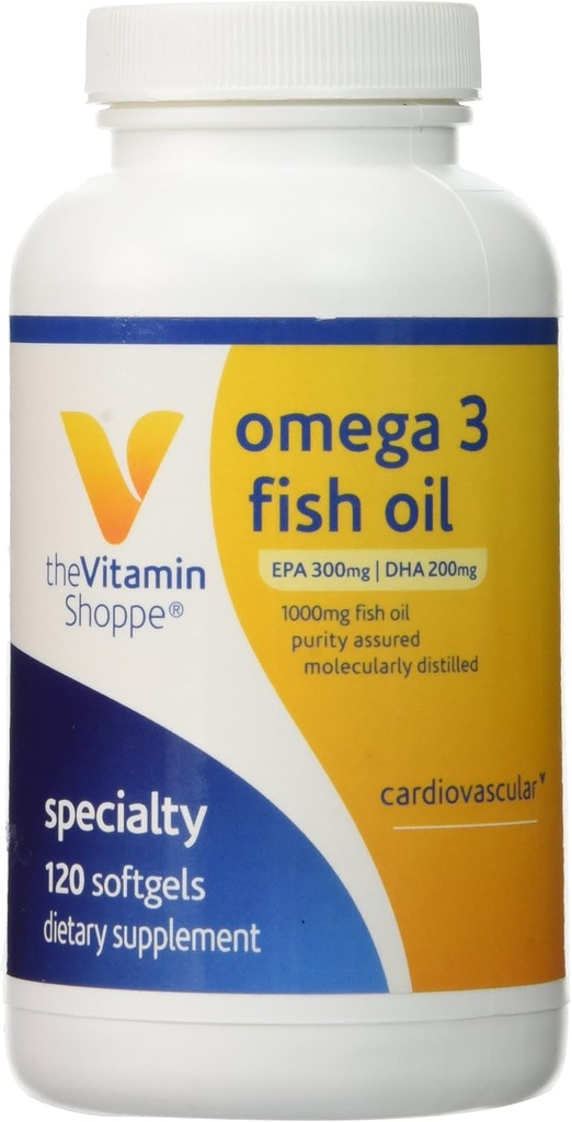 Den Vitamin Shoppe Omega 3 Fish Oil 1000mg, EPA 300mg & DHA 200mg, Renhed Assured, Molekylært Destilleret til støtte kardiovaskulær, fælles og hjerne sundhed (120 Softgels)