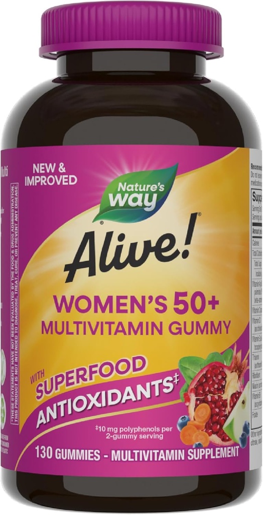 Naturen er i live! Kvinder 50 + Daglige Gummy Multivitaminer, Kvinder Kosttilskud, Understøtter sundt hjerte, hjerne & knogler, * B- vitaminer, blandet berry smag, 130 Gummies (Packaging May Vary)