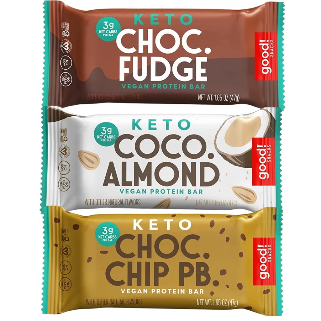 Godt! Snacks Keto Variety Pack Protein Bar, Vegan, Soy & Gluten Free, Lavsukker Meal Erstatning, 10g High Protein, Natural Sund Snack, For Atleter & Aktiv livsstil, 3g Net Carbs, 12 Barer