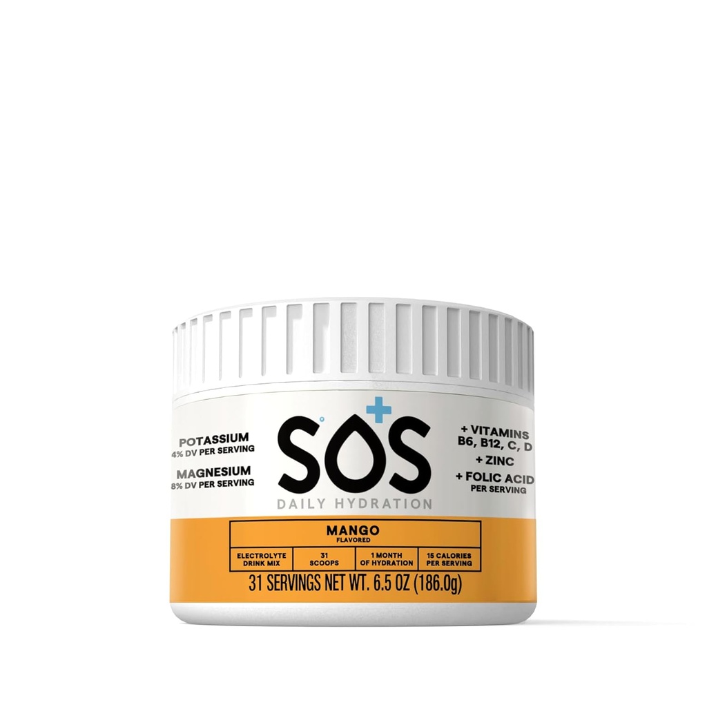 SOS Hydration Electrolyte Drink Mix (31 Servere) - Lavsukker, 15 Calorie, Keto- Friendly & Rapid Rehydration (31 Servere, Mango)