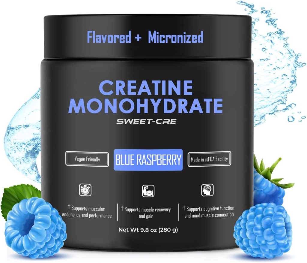 Creatin monohydrat - 5g Creatin monohydrat pulver - Advanced Creatin for kvinder og mænd - Bulk kosttilskud Creatin - lækker frugt punch flavor - 10oz (40 Servere, Blå Hindbær)