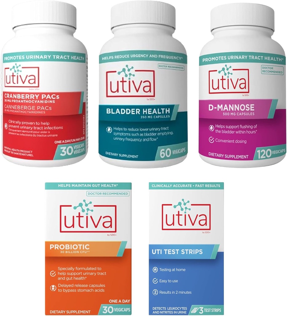 15% Bundle Utiva Tranebær PAC 30 Vegi kapsler + Utiva Bstige Sundhed 60 Kapsler + Utiva D- Mannose 500 mg 120 Kapsler + Utiva Probiotic 30 Forsinket frigivelse Vegi kapsler + Utiva UTI Teststriber
