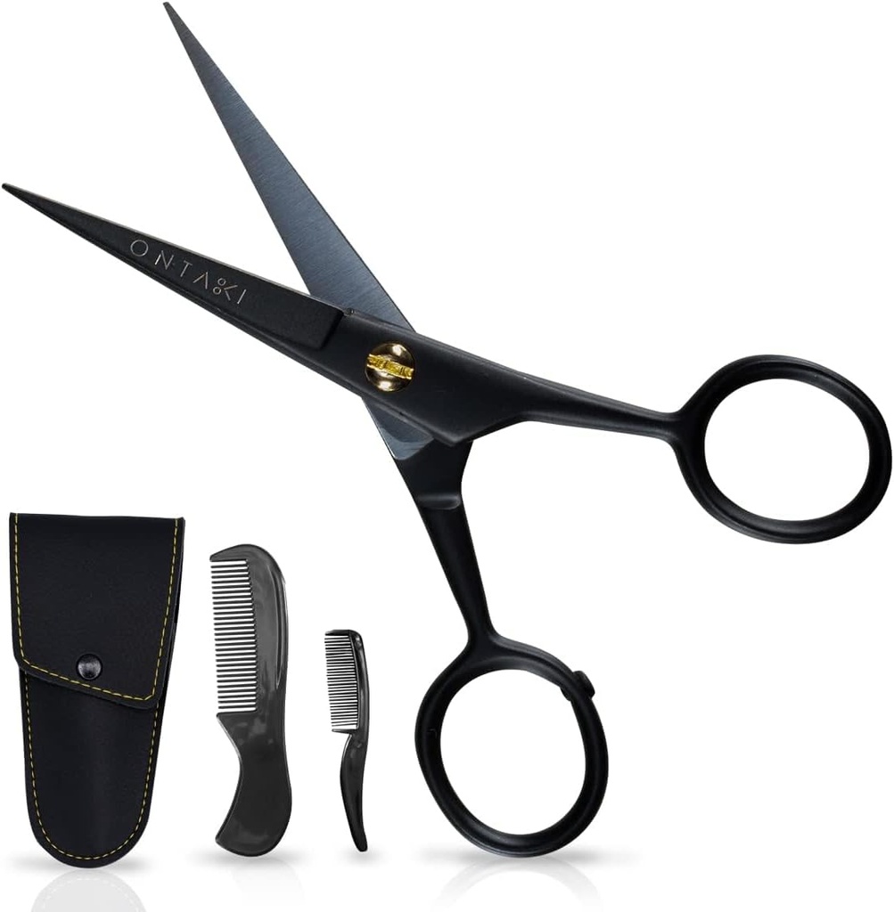 Ontaki Mustache Saks til mænd - 5 -Inch, Sort - Tysk High- Carbon Steel Bevel- Edge til Precision - Skæg Trimning Saks - Inkluderer Grooming Kit med Mustache & Beard Combs & Carriing Pouch