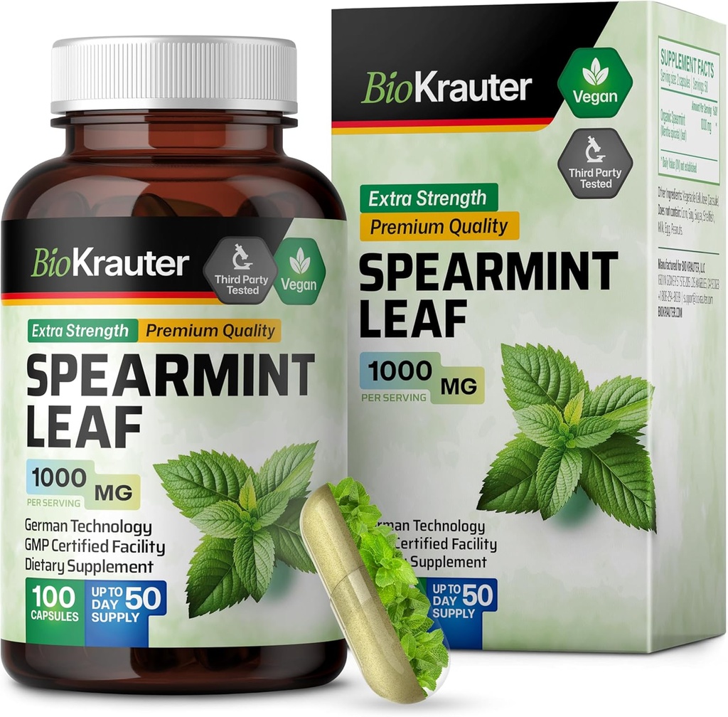 BIO KRAUTER Spearmint Capsules 1000 mg - 100 Greve - Vegansk Spearmint Supplement til fordøjelsesstøtte og respiratorisk støtte - Mentha Spicata - Ingen Fillers