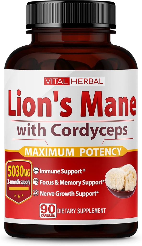 VITAL HERBAL Lions Mane Mushroom with Cordyceps Capsules Equivalent to 5030mg - Maximum Potency L-Theanine Ashwagandha Brain Supplement for Focus Memory Energy Mood Support 90 Days Supply