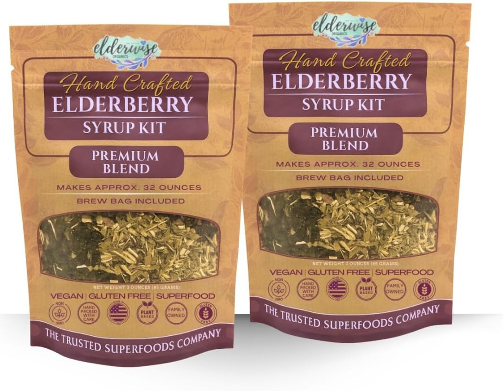 Elderberry Syrup Kits 2X - Hver gør ca. 32oz - Inkluderer bryggerier - Ingredienser - Elderbær - Rosehips - Ingefær - Echinacea - Kanel - Cloves - Elderwise