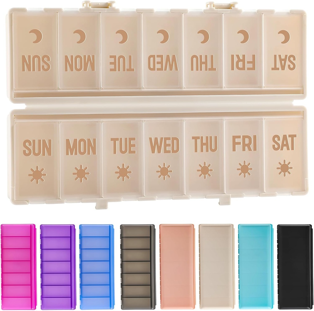Foldbar pille Organizer 2 gange om dagen w / Etched Labels -Dual Protection & Portable Weekly AM PM Pill Box, 7 dages medicin Container, Stor rejse Pill sag for uge dagligt tillæg Vitamin - Khaki