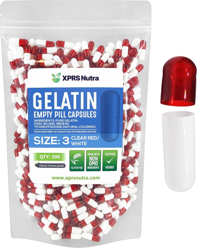 XPRS Nutra Størrelse 3 Tomme kapsler - 500 Tomme Gelatine kapsler - Piller til det selv Capsule Fyldning - Pure Bovin Pille Gel Caps Fyldelig til Do- It- Yourself vitaminer og kosttilskud (Clear Red / White)