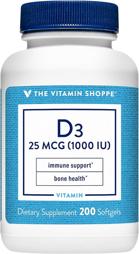 Den Vitamin Shoppe Vitamin D3 1000IE Softgel, Understøtter Bone & immunforsvar, Aids in Cellular Growth & Calcium Absorption, Gluten Free & Once Daily Formel (200 Softgels)