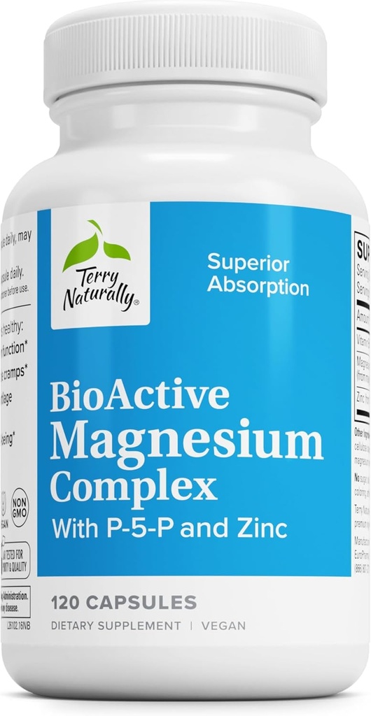Terry naturligt BioActive Magnesium Complex - Bone & Heart Health Support - Supplement med vitamin B6, Zink & Magnesium - Pyridoxal- 5 - Phosphat Vegan Capsule Supplement - 120 Kapsler