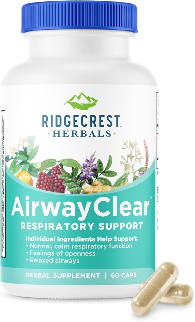 Ridgecrest Herbals AirwayClear, Lung Health and Breathing Support Support with Schisandra Fruit, Cassia Bark and Ginger Root, Sinus, Mucus Support, Gluten Free (60 Vegan Caps, 30 Serv)