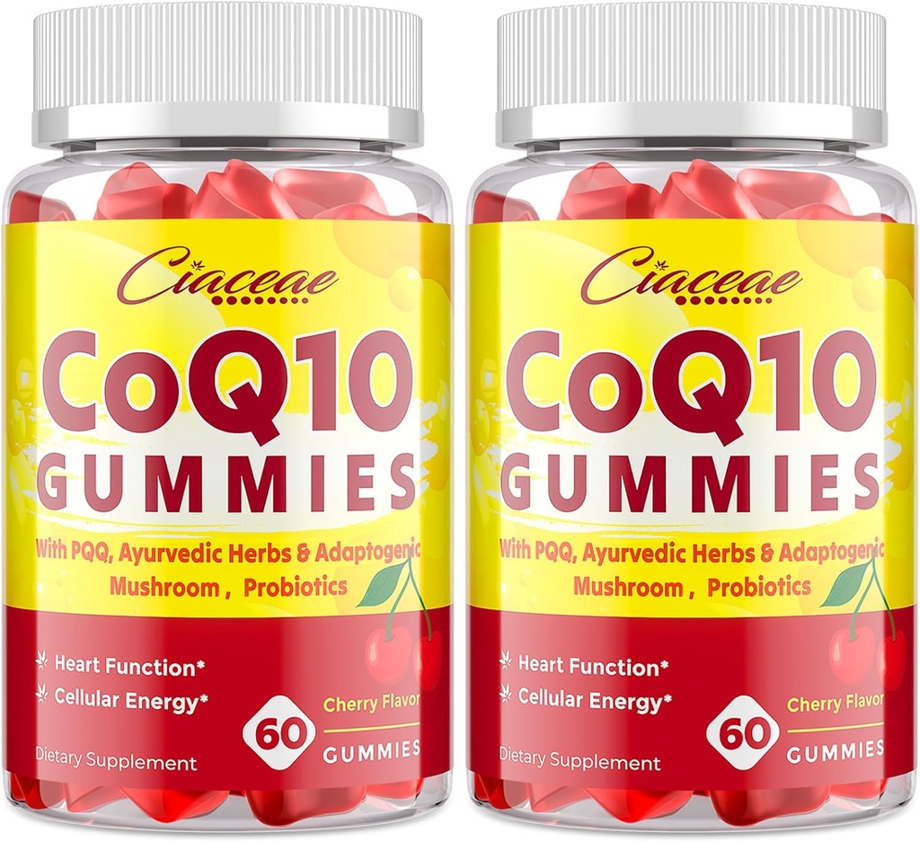 CoQ10 Gummies med PQQ - 400 MG Coenzym Q10 High Potency, forstærket med ayurvedic urter, Adaptogen Mushroom Blend & Probiotika til hjerte, hjerne, energi, immunitet, Cherry Flavor, 120 Vegansk Gummies
