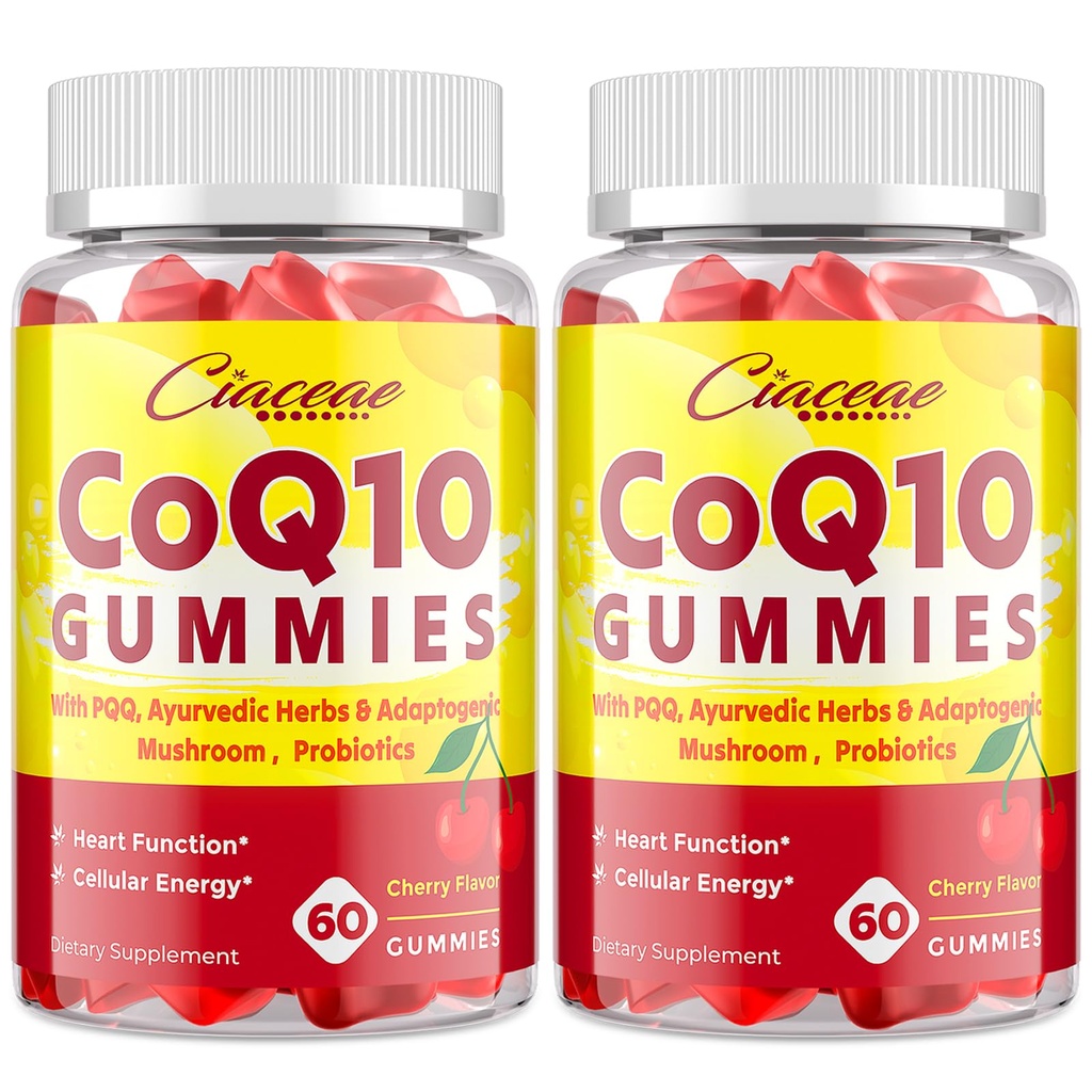 CoQ10 Gummies med PQQ - 400 MG Coenzym Q10 High Potency, forstærket med ayurvedic urter, Adaptogen Mushroom Blend & Probiotika til hjerte, hjerne, energi, immunitet, Cherry Flavor, 120 Vegansk Gummies