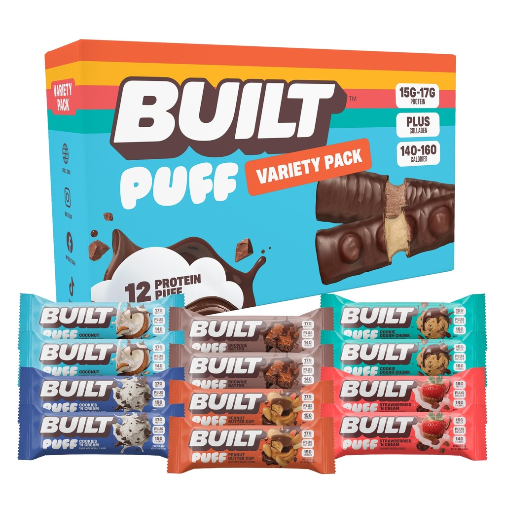Bygget Bar, Puff Protein Bars, Variety Pack, Collagen, On- the- go Snacks, Breakfast Bar, Blandede Sampler, 12 Pack