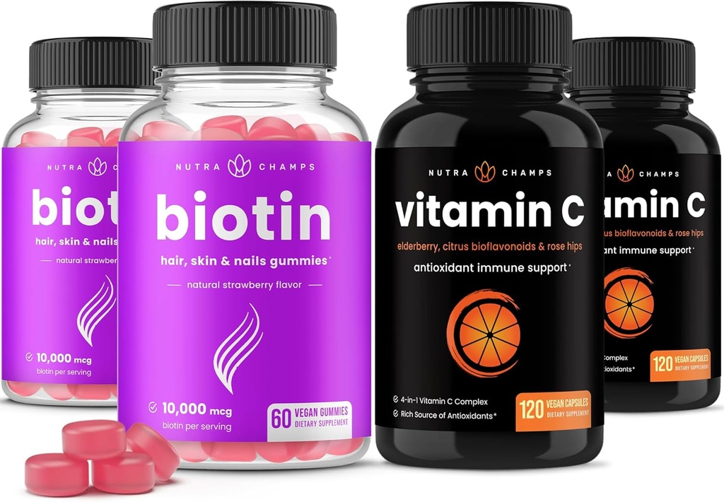 NutraChamps Biotin Gummies (2 Pack) og C-vitamin kapsler (2 Pack) 4 Pack Bundle